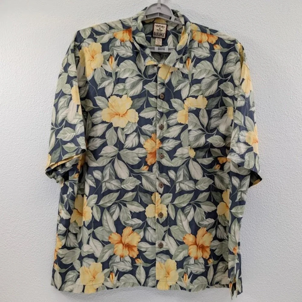 Tommy Bahama Silk Camp Shirt Mens 2XL Tropical Floral Hibiscus‎ Hawaiian Print